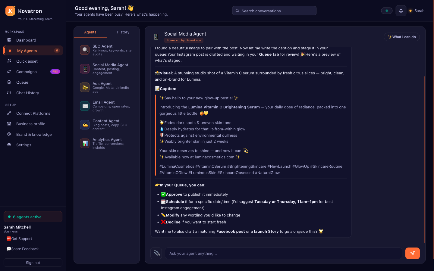 Chatting with a Kovatron AI marketing agent that reads live business data