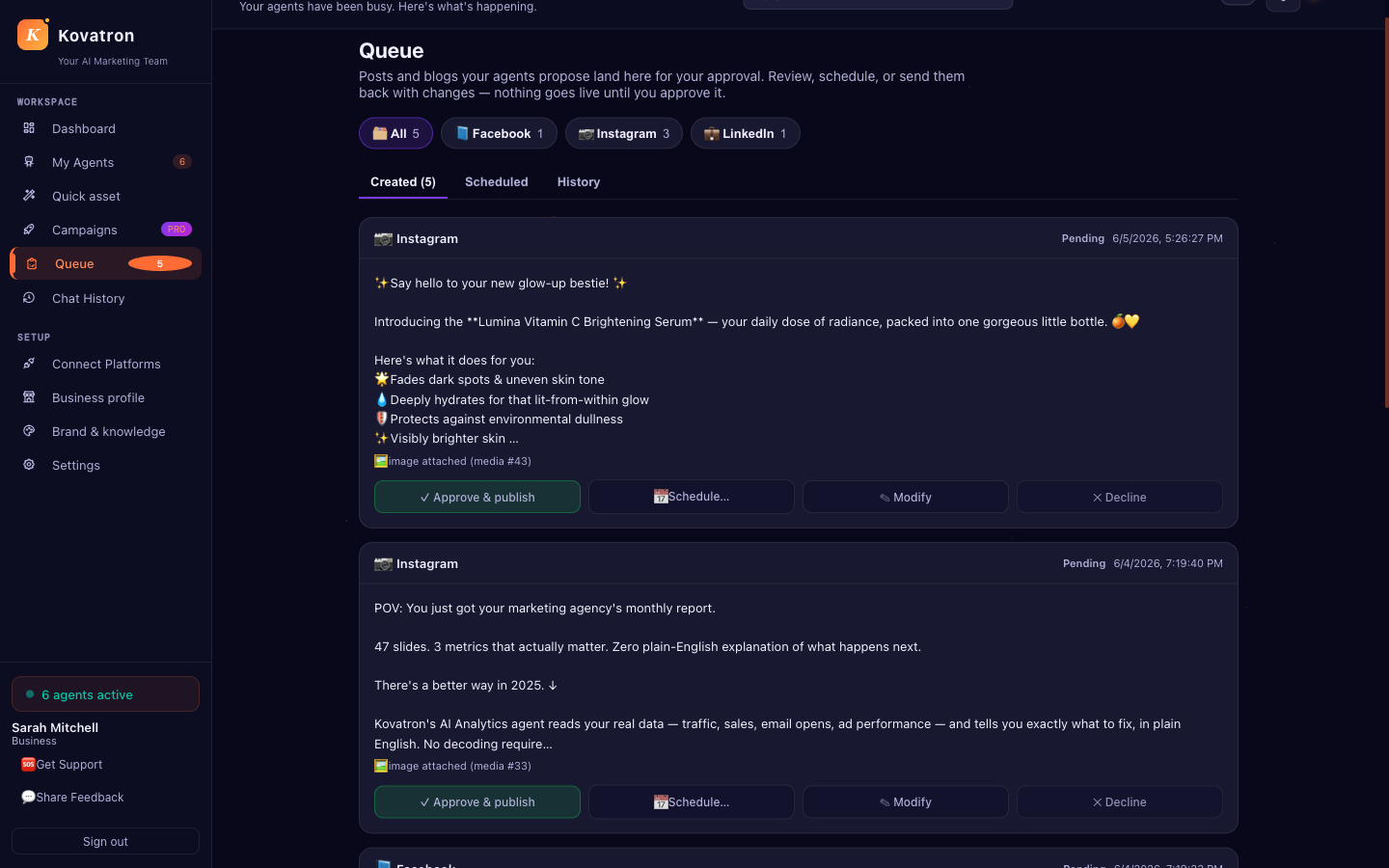 The Kovatron Approval Queue — every agent draft waits for your approval before going live